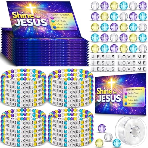 Unittype 24 Sets 2026 VBS DIY Crafts Illumination Bracelet Making Kit 2026 Illumination DIY Jesus Loves Me Bead Wristband Craft Kit with Bible Lesson Cards for Sunday School Classroom Party Gifts