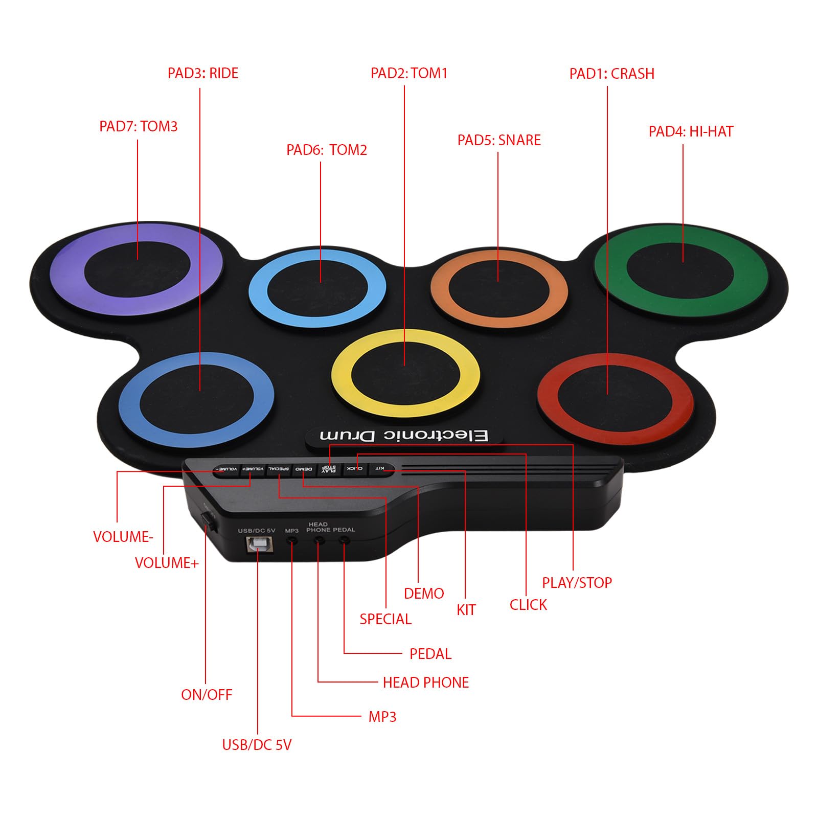 Set di batteria elettrica Kit di pad per batteria portatile 7 pad con jack per cuffie Pedali Bacchette Regalo di compleanno per le vacanze Strumenti musicali Pad per esercitazione Kit di batter