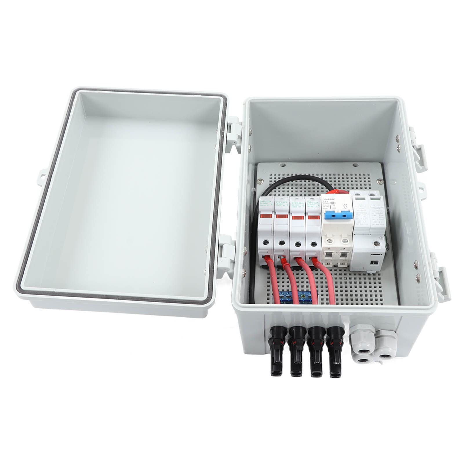 Cocoarm 4-żyłowa Skrzynka Przyłączeniowa PV, Poliwęglanowa Skrzynka Przyłączeniowa ABS DC1000V 63A IP67 z Odgromnikiem 40KA, 4 Wejścia 1 Wyjście dla Pojazdów Kempingowych Poza Siecią i Podłączonych