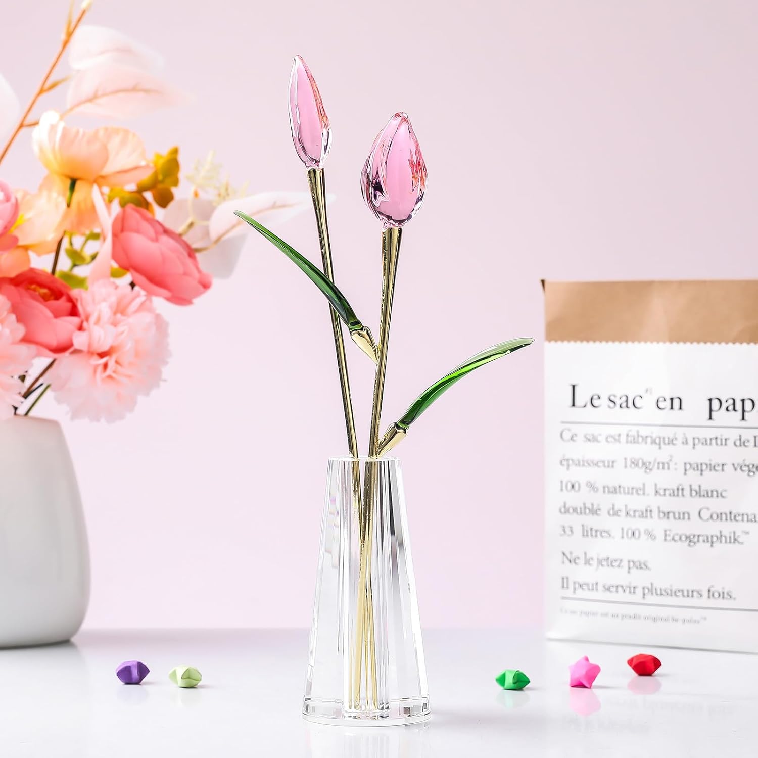 LONGWIN Crystal Tulips Flower Figurine Collectible with Vase Glass Spring Bouquet Flowers with Stem Home Decor Gift for Women Mom - Image 2