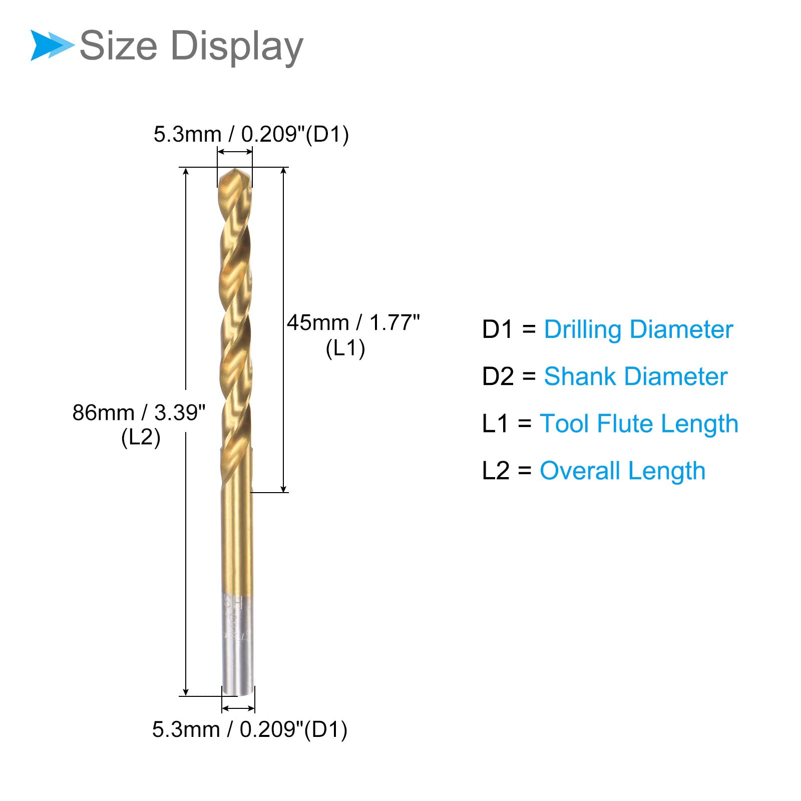 CoCud Twist Drill Bits, 5.3mm Drilling Diameter, Titanium Coated High Speed Steel 6542 Straight Round Shank - Image 2