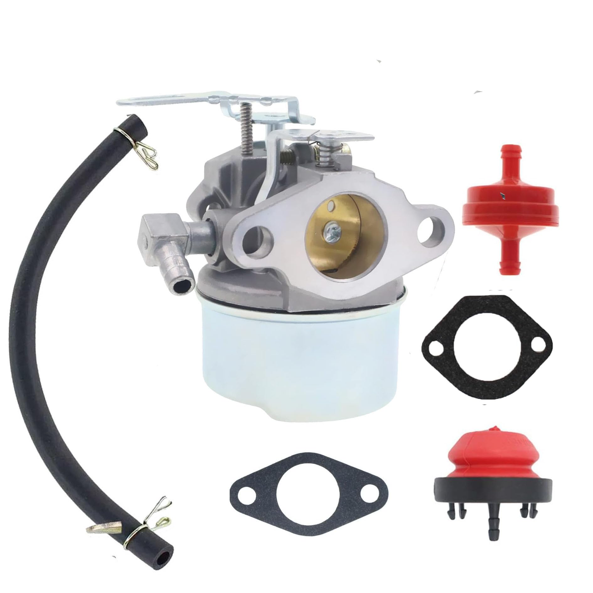BXParts Carburetor Kit components including carburetor, gaskets, fuel filter, fuel line, primer bulb, and shut-off valve.