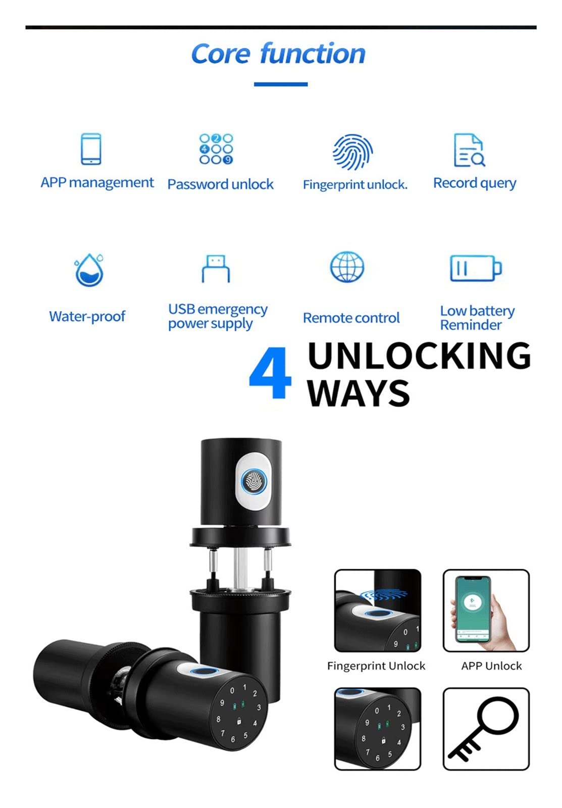 Serratura Smart, Serratura elettronica Tuya Smart Lock Manopola Impronte digitali cilindriche Blocco codice elettronico Controllo APP,per camere da letto, uffici e hotel