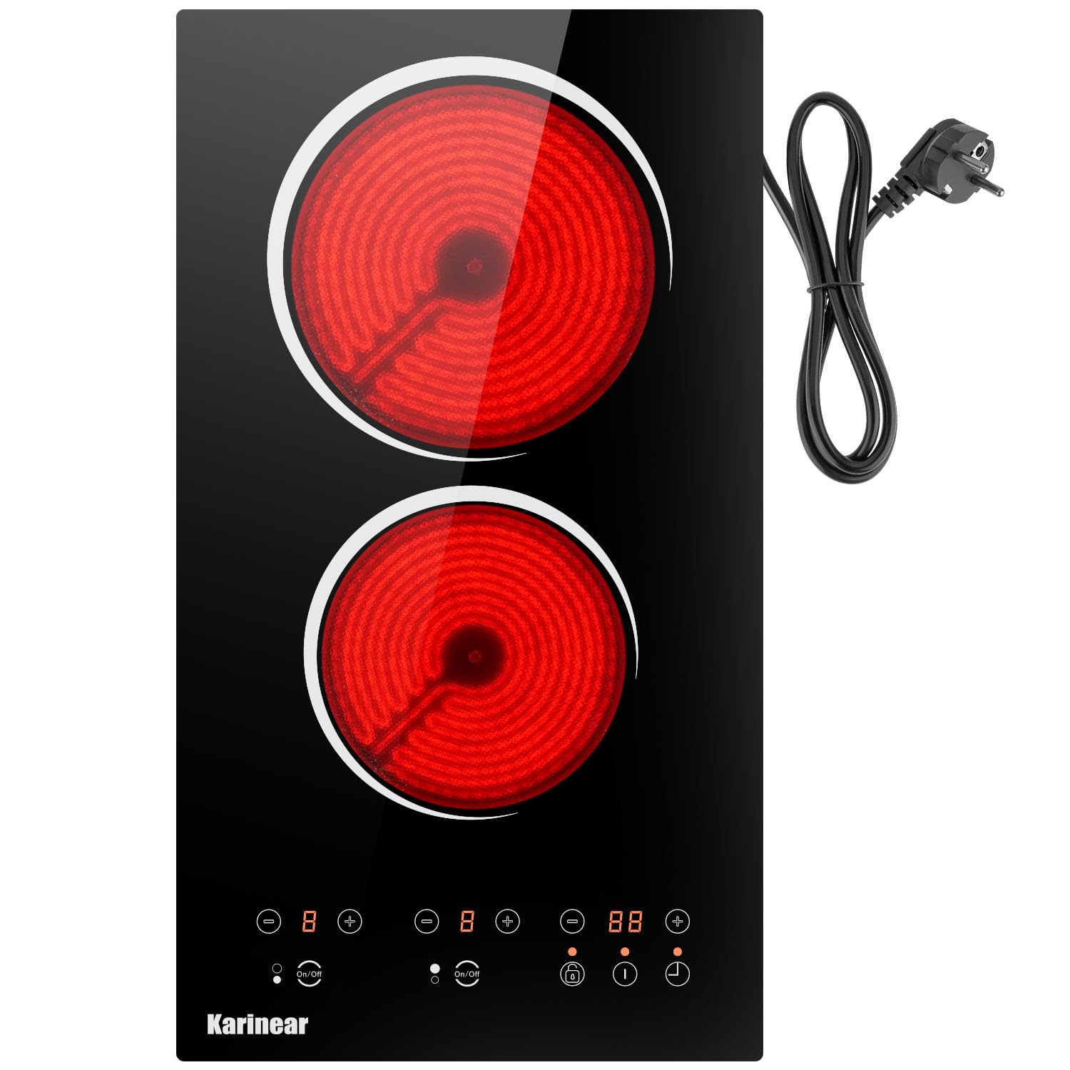 Karinear Glaskeramikkochfeld 2 Platten mit Stecker, Keramikkochfeld Doppel, 3000W Unabhängige Touch-Steuerung, Herdplatte 2 Kochfelder, Timer, Sicherheitsschloss, 240V