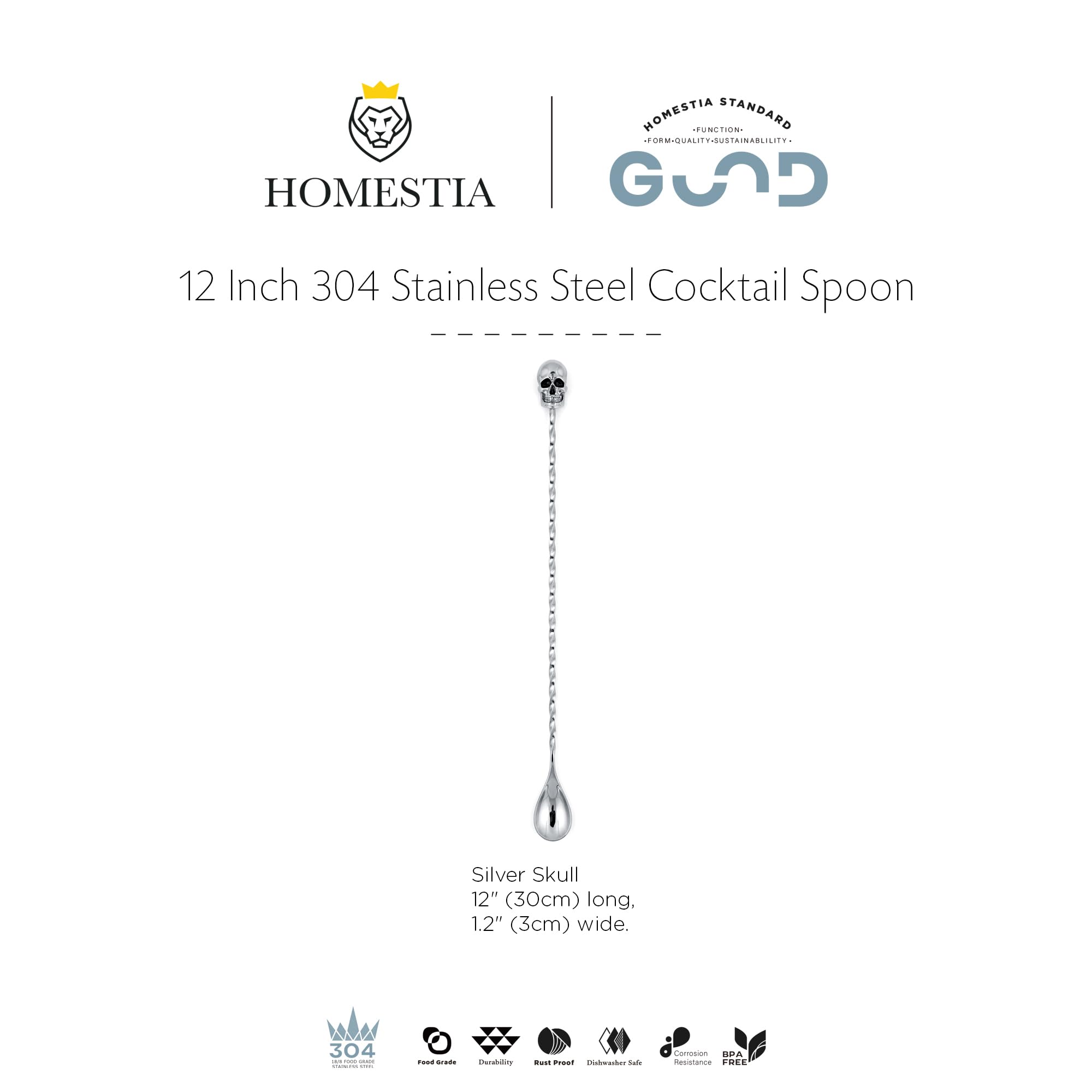 Homestia Cucchiaio da bar da 30,5 cm, cucchiaio da cocktail in acciaio inox con manico a spirale e estremità a teschio, manico lungo, per barista, stratificazione e miscelazione di bevande