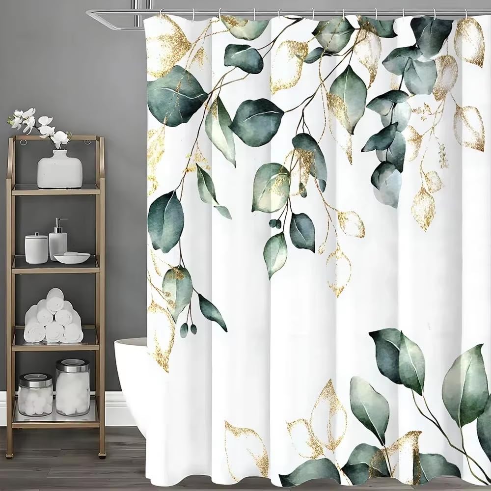 Rideau de Douche à Motif Eucalyptus Vert avec Anneaux en Métal Imperméable Anti-Moisissures Polyester Tissu Rideau Salle de Bain Lourd pour Baigoire Angle Salle de Bain 214x100cm/WxL