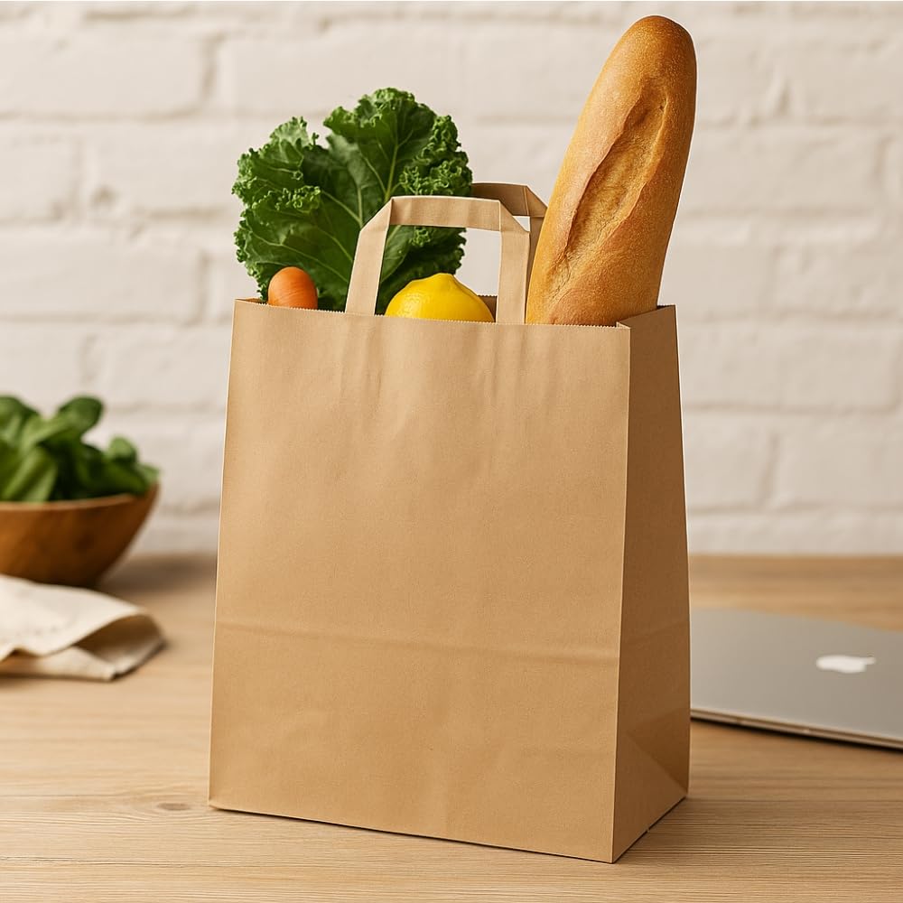 Commerline Bolsas de Papel Kraft | 32+16x44 cm, 250 Unidades, Marrón | Bolsas de Regalo | Sacos de Transporte con Asa | Sacos Reutilizables