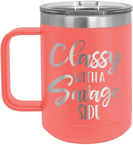 ONLYGIFTS.COM - Taza de café con tapa deslizante (15.3 fl oz), diseño con texto en inglés "CLASSY WITH A SAVAGE SIDE 15 oz", Coral