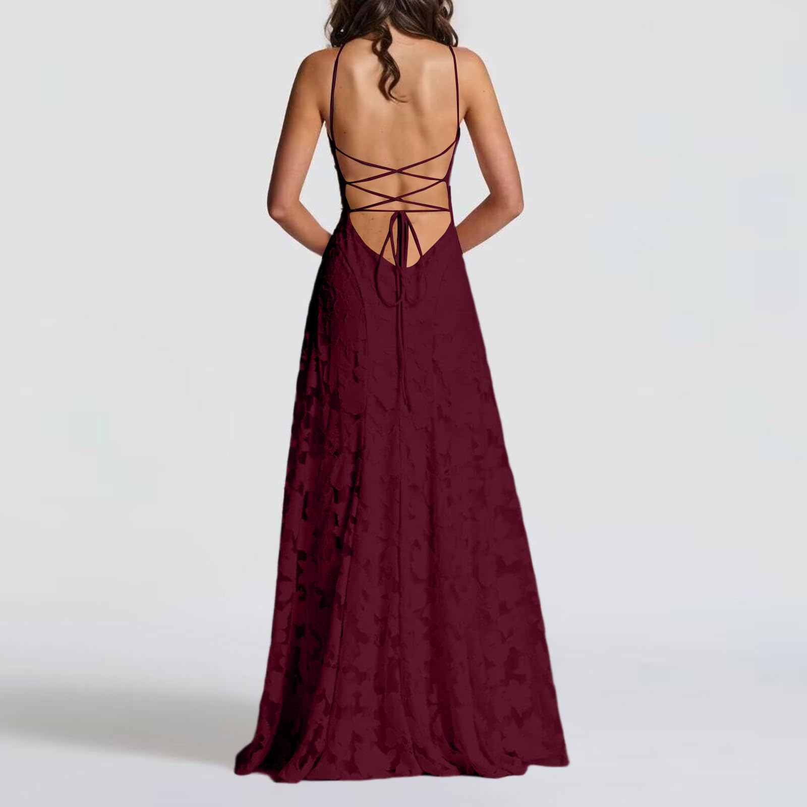 Abendkleid Damen Lang Maxikleid Hochzeitsgast Damenkleider Elegant Festkleid A Linie Kleid Schulterfrei Sommerkleid Spaghettiträger Cocktailkleid mit Spitze Freizeitkleid Rückenfrei