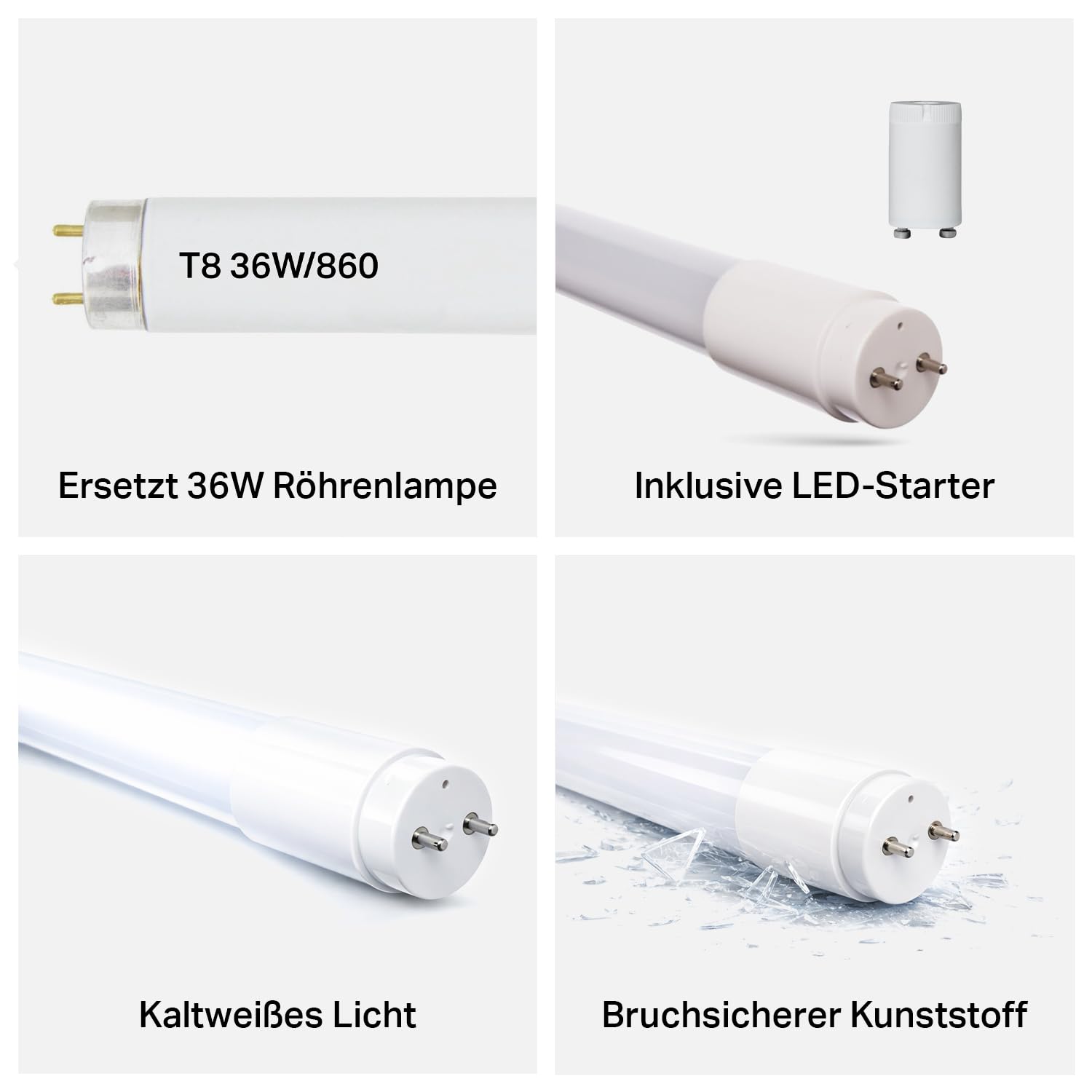 NCC-Licht LED Röhre 120cm 18,5W/860 G13 2000lm kaltweiß 6000K, Ersatz für 36W Leuchtstoffröhre, aus bruchsicherem Kunststoff, inkl. Starter für KVG