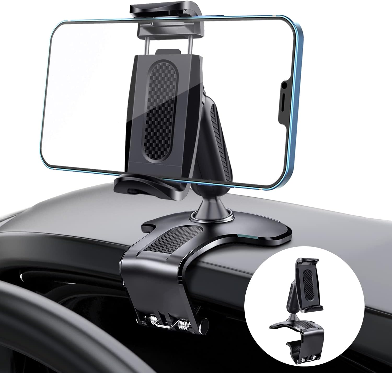 Dashboard Phone Holder for Car 360 Degree Rotation Multi-function Sun Visor Rearview Mirror Clip On Mobile Phone Mount Adjustable Automobile Cradle Suitable for 4.7-7.2 inch Smartphone and GPS