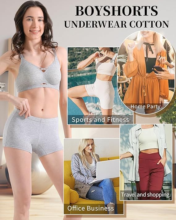 Image of LOURYN KOULYN Boy Shorts Underwear for Women Cotton Panties Mid Rise Undies Full Coverage Boxers Briefs Boyshort 4 Pack S-XXL