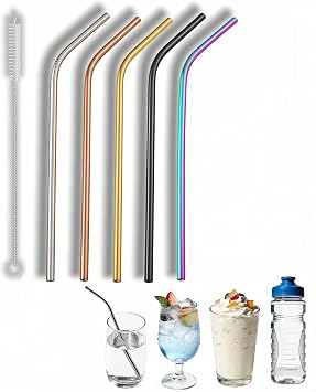 Reusable Stainless Steel Bent Straws, 5 Pack, 8.5 Inch, Food-Grade Metal Drinking Straws with Cleaning Brush, Silver, Black, Rose Gold, Gold, Iridescent