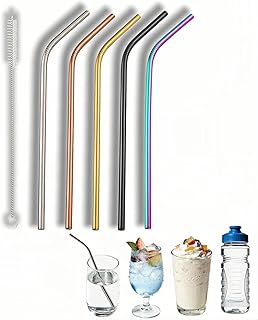 Reusable Stainless Steel Bent Straws, 5 Pack, 8.5 Inch, Food-Grade Metal Drinking Straws with Cleaning Brush, Silver, Black, Rose Gold, Gold, Iridescent