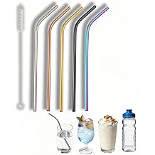 Reusable Stainless Steel Bent Straws, 5 Pack, 8.5 Inch, Food-Grade Metal Drinking Straws with Cleaning Brush, Silver, Black, Rose Gold, Gold, Iridescent