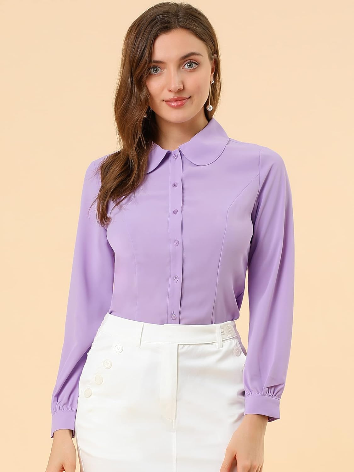 Allegra K Women's Peter Pan Collar Blouse Business Casual Long Sleeve Button Down Work Shirt - Image 2