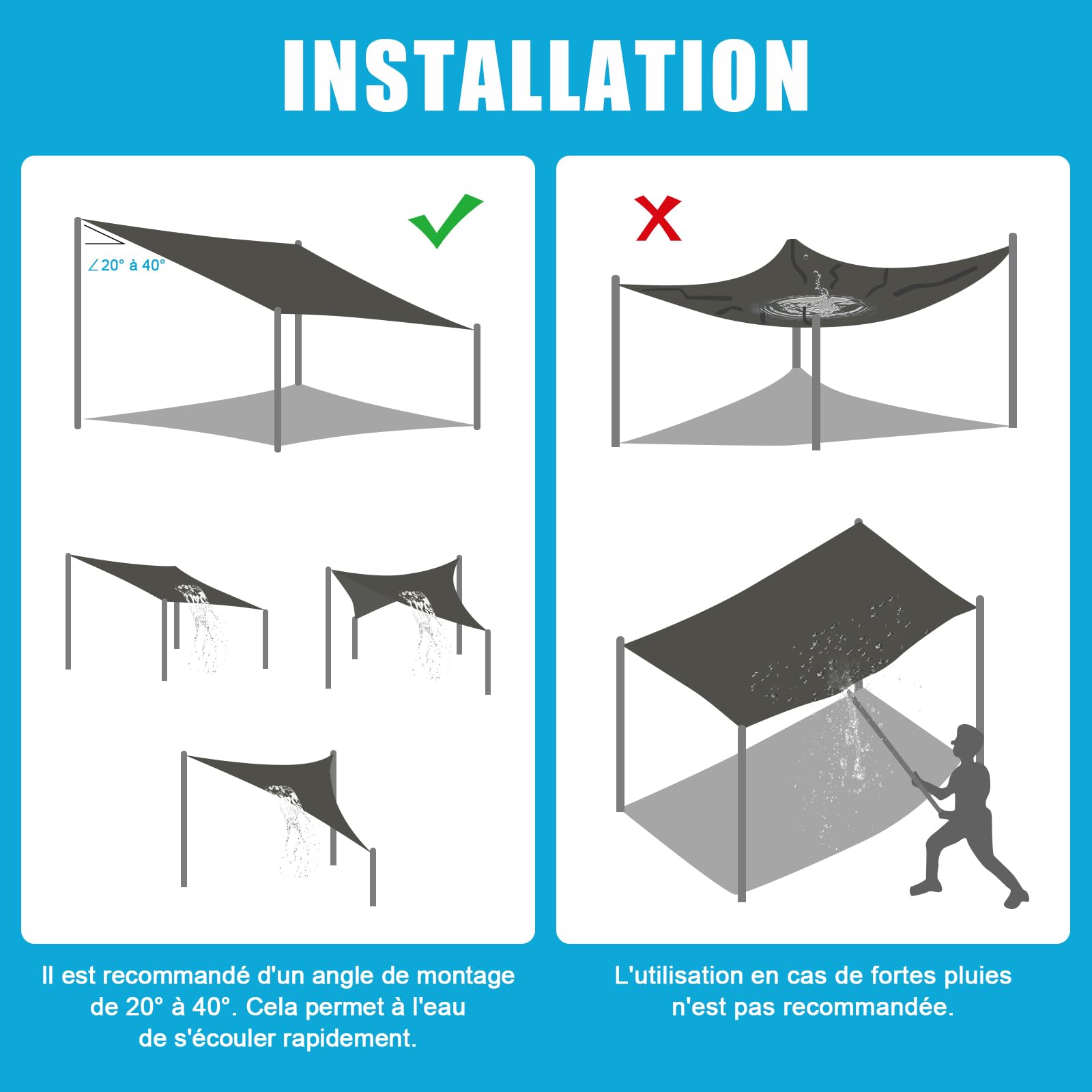 Amagenix Voile d’ombrage 3x4m Rectangulaire, Imperméable Anti-UV 95% | avec cordes de fixation, en polyester PES – Pour balcon, terrasse et jardin