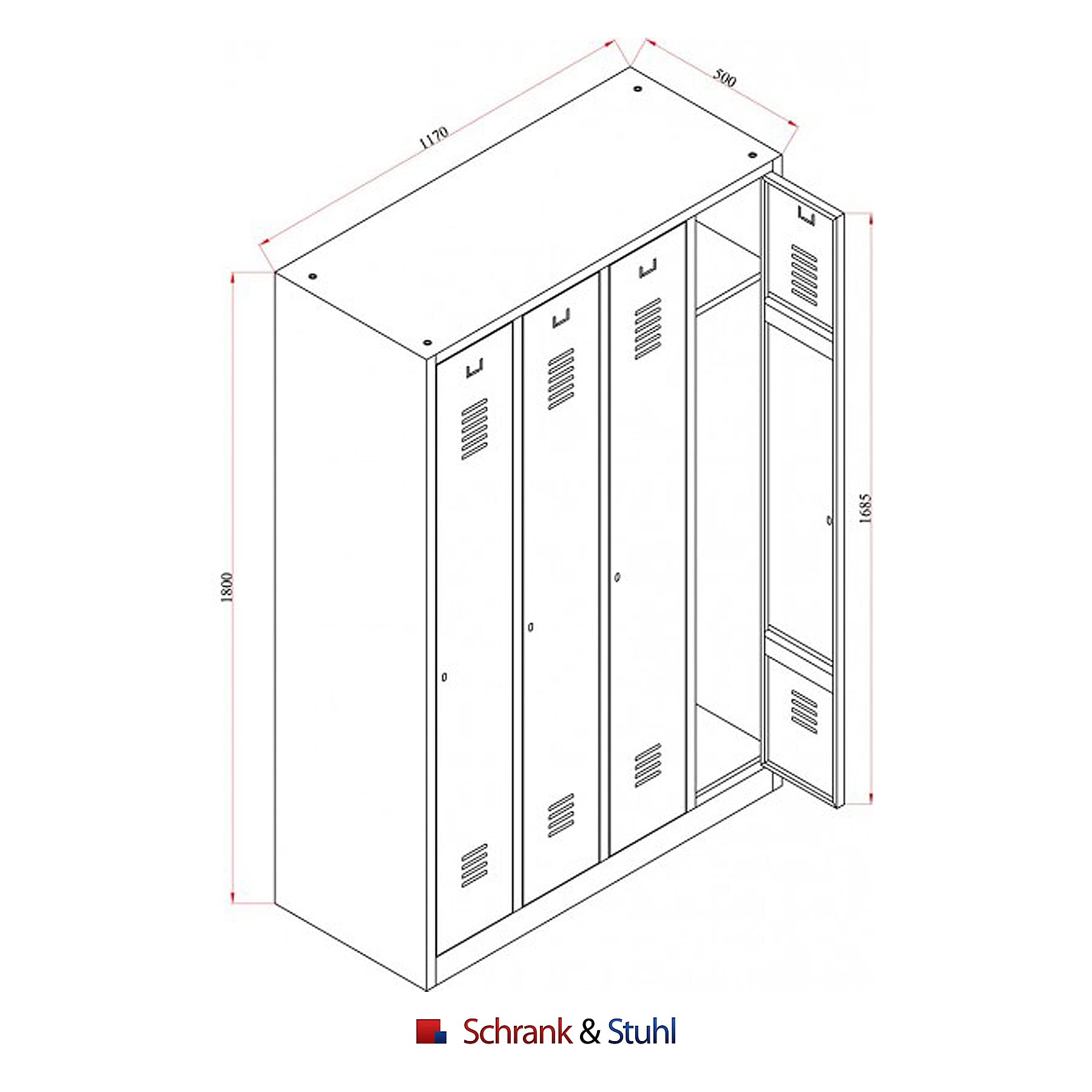 Schrank & Stuhl Spind – Metallspind mit 4 Abteilen, Schließfachschrank mit Hutboden, 30 cm Abteilbreite, Lieferung komplett montiert (Grau, mit Drehriegelverschlüssen)