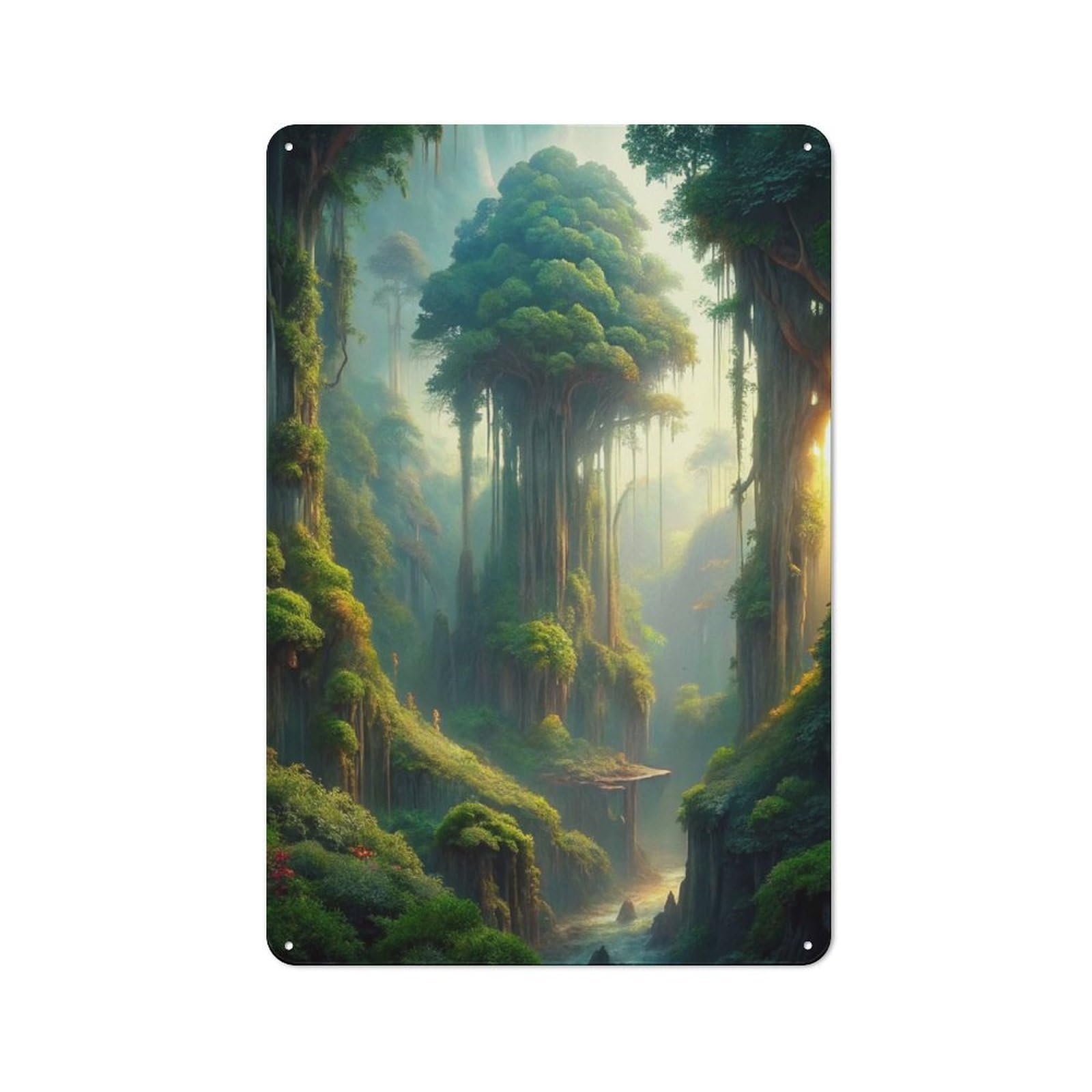 Junmoney Lush Green Fantasy Jungle Landscape Retro Metal Plaque 30X20cm For Lounge Or Reading Corner, Suited To Lounge Decor Fans