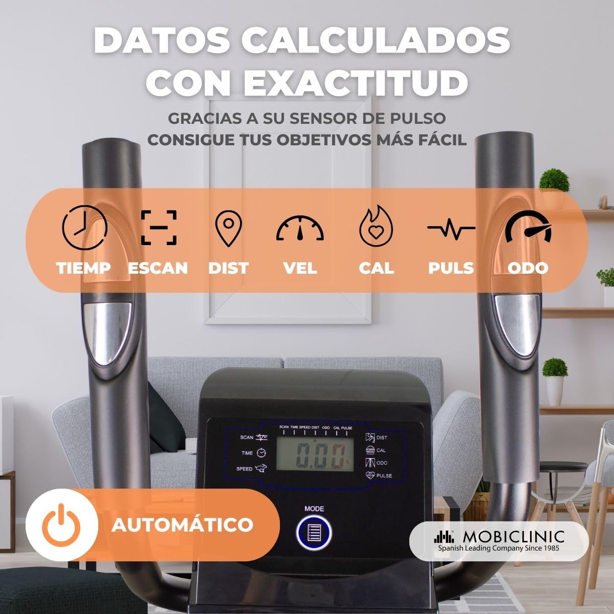 Mobiclinic, Bicicleta elíptica, 8 Niveles de Resistencia, Pantalla LCD, hasta 100 kgs, Modelo Atlas, Agarre Acolchado, Pedales Antideslizantes, Rueda 4kgs, Fitness en casa