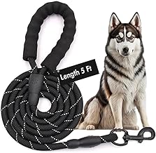 Dog Leash, 5 Feet Length, Heavy Duty Rope with Reflective Threading, Padded Handle, Black