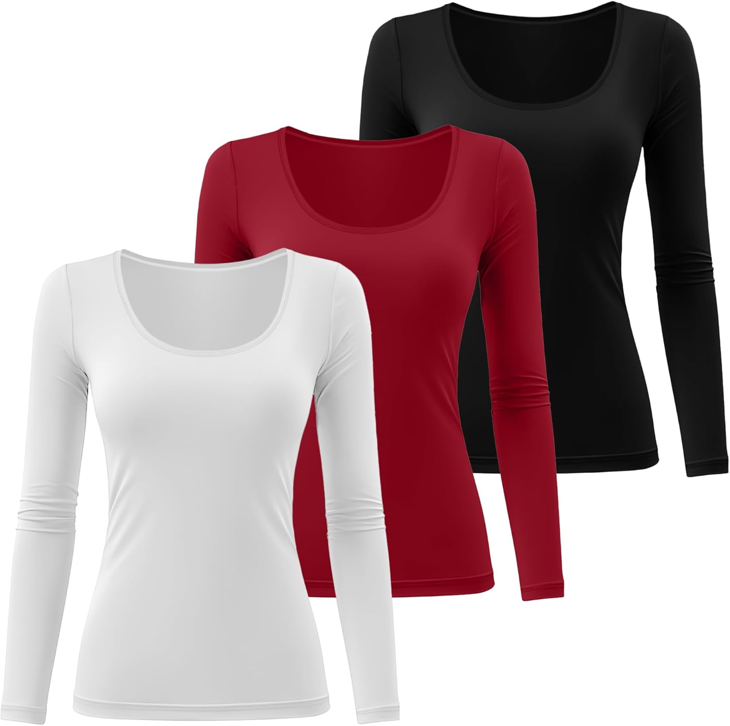 Neer 3 Pack Women's Scoop Neck Long Sleeve T-Shirts Slim Fitted Underscrubs Tops Stretchy Tight Casual Basic Layer Shirts - Image 2