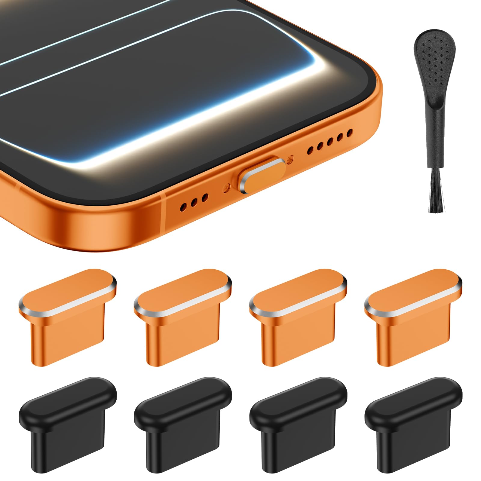 Osłona przeciwpyłowa USB C do iPhone 17/17 Pro, 4 aluminiowe + 4 silikonowe nasadki ochronne, zestaw z pudełkiem do przechowywania i szczoteczką do czyszczenia (Cosmic Orange)