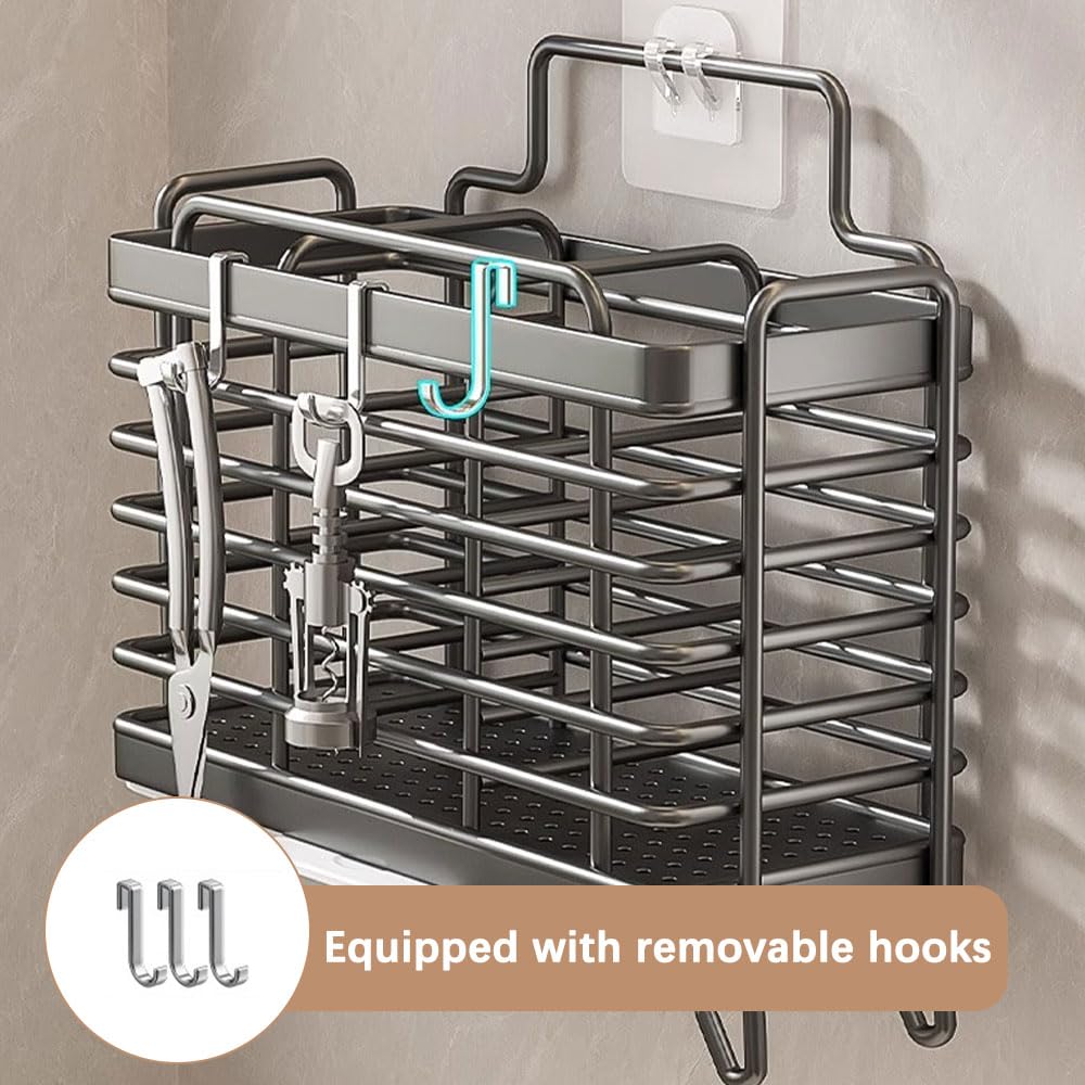 Jadin Porta Mestoli da Cucina, Poggia Mestolo Cucina, Porta Utensili da Cucina, Cestello Posate in Acciaio Inox con Scolapiatti, 3 Scomparti, Senza Fori, Fissaggio a Parete/ Tavolo, Rimovibile, Nero