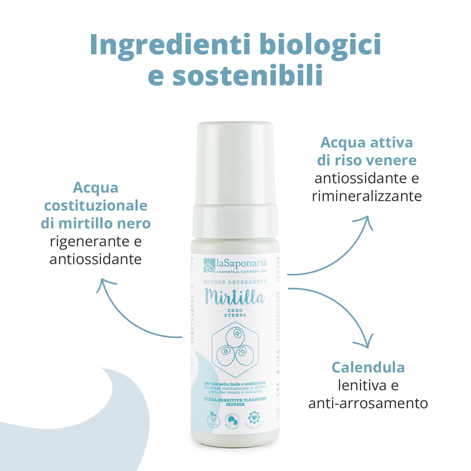 La Saponaria | Mousse detergente bio viso Mirtilla, Ingredienti naturali e sostenibili, Acqua costituzionale di Mirtillo nero, rigenerante e antiossidante, Acido Ialuronico, Calendula, 150ml