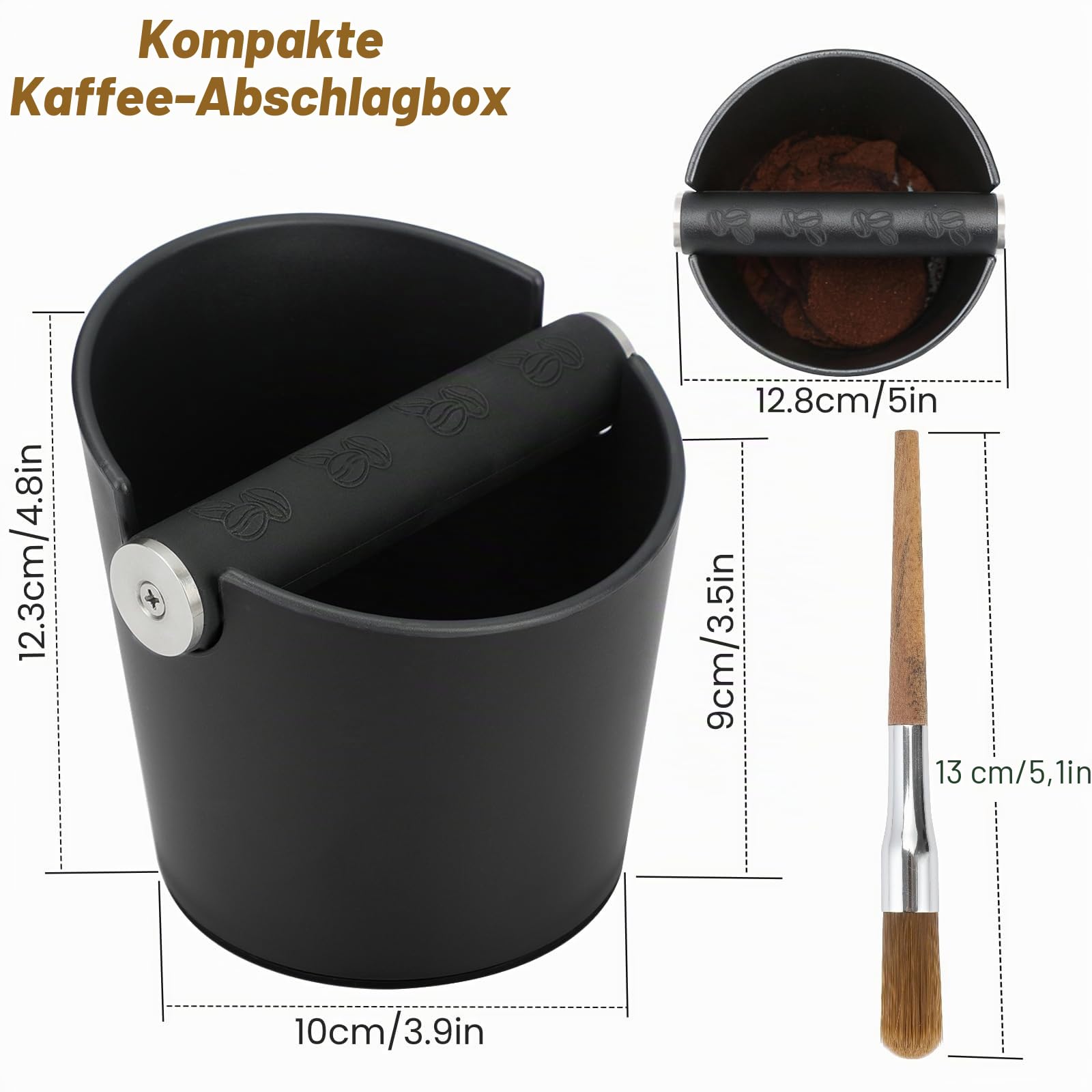 Abklopfbehälter für Siebträger Klein Espresso Kaffee Knock Box mit Kaffeepinsel, Schwarz Kaffeesatz-Klopfbox mit abnehmbarem Klopfstab, Abklopfbehälter mit rutschfester Unterseite