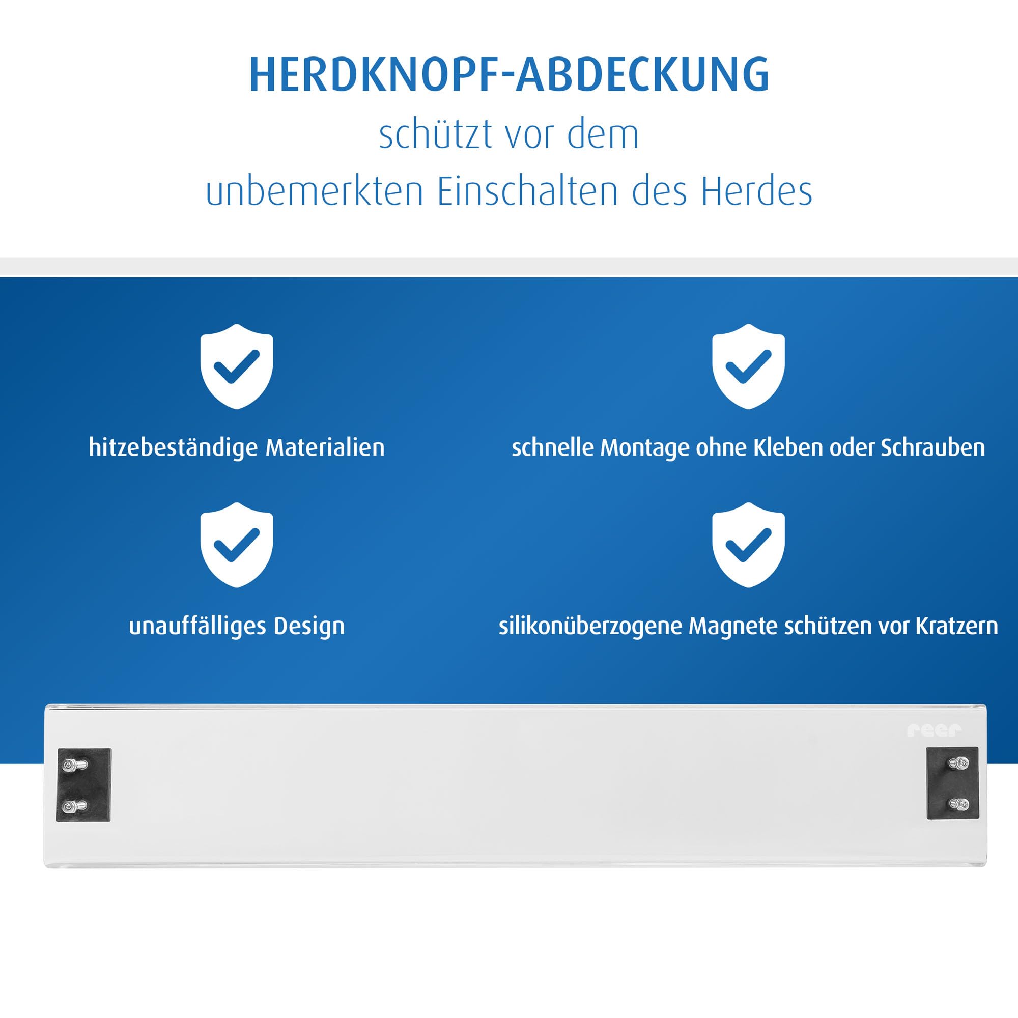 reer Herdknopf-Abdeckung | Kindersicherung | Schalterabdeckung für normale und versenkbare Herdknöpfe | für Gasherd, Elektroherd, Standherd oder Einbauherd | transparent