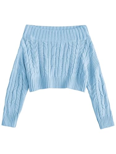 ZAFUL Women's Off Shoulder Cable Knit Crop Top Sweater - Long Sleeve Pullover with Batwing Sleeves