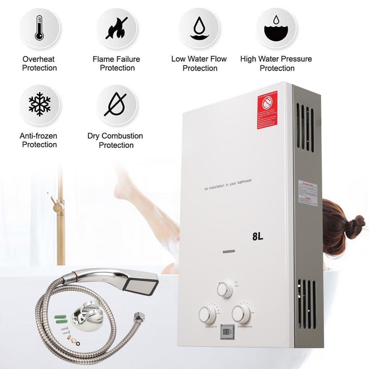 8L 16KW GPL Scaldabagno a Gas, Gas a Parete senza serbatoio Scaldabagno istantaneo,con kit doccia e Display a LED,con Modalità Inverno ed Estate,Per Casa, Camper ed Esterni,bianco