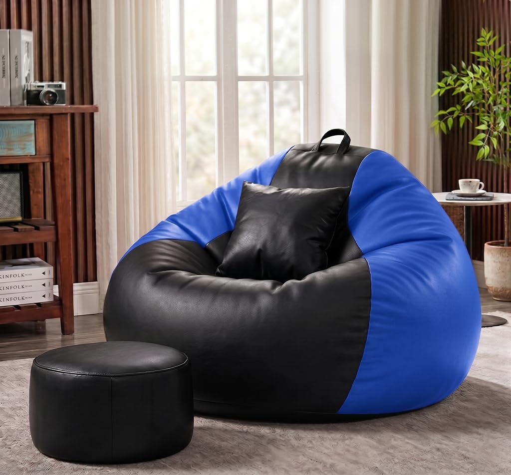 Sattva Classic 6XL Bean Bag Chair with Beans Filled | Faux Leather Sofa Style Beanbags for Adults | Includes Footstool & Cushion | Comfortable Bin Bags Sofa & Beam Bag Seating | Black & Royal Blue-image-33
