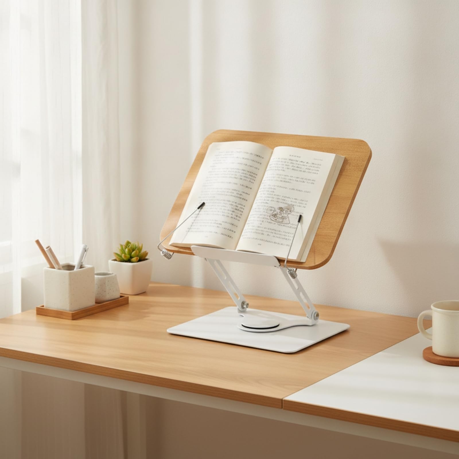 Atril Madera con Base Metal Estable Soporte Lectura Regulable Atril Mesa para Estudiantes, Blanco, Soporte De Lectura Giratorio Con Marco De Acero Blanco Y Tablero De Madera