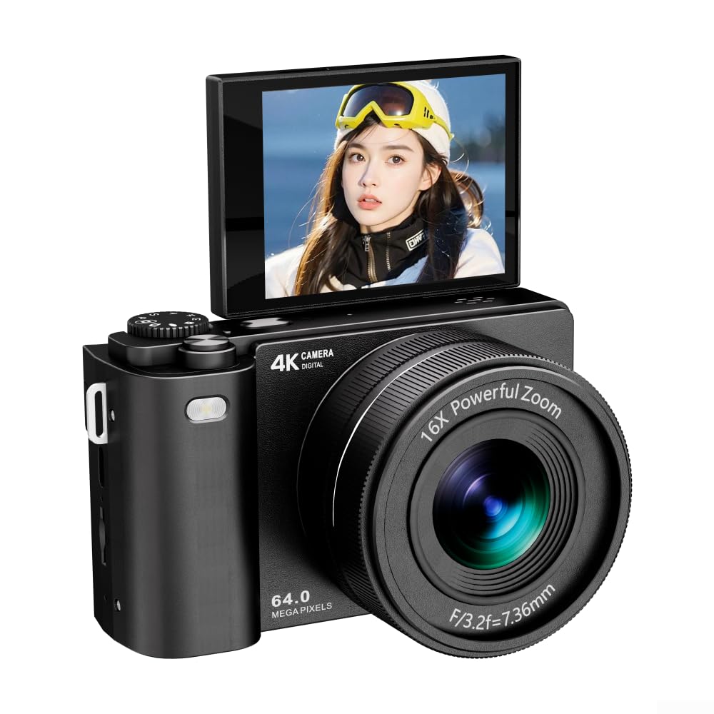 Fotocamera digitale per fotografia e vlogging con video MP4 4K, uscita JPG da 64 MP, zoom 16X e schermo rotante a 180 gradi (nero)