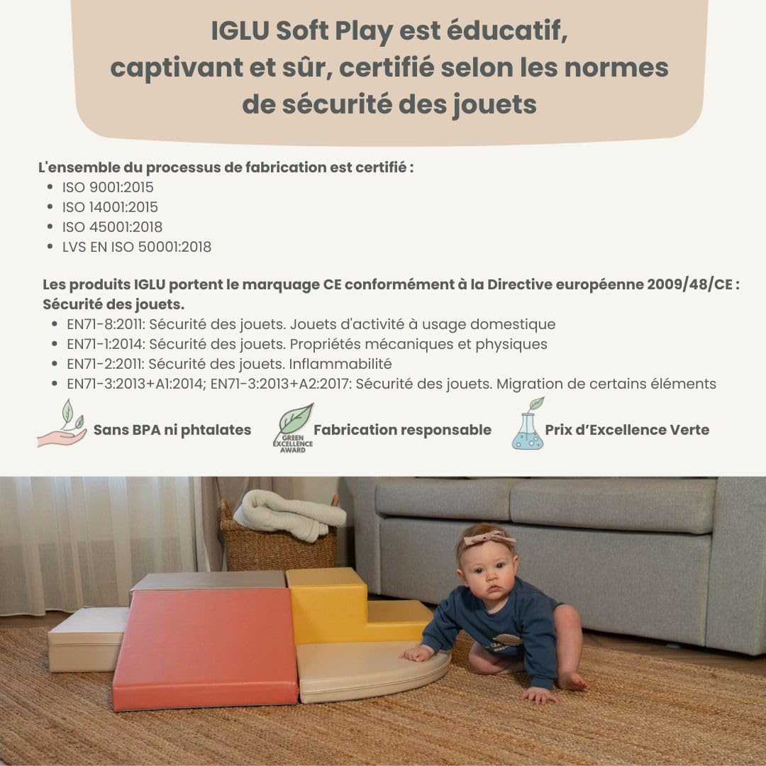 IGLU Soft Play Corner Climber - Parcours de Motricité 5 Modules XL en Mousse pour Bébé et Enfant - Blocs de Construction Souples Jeu d’Éveil Montessori et Toboggan d’Intérieur (Automne Pastel)