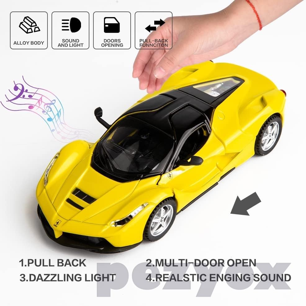 Image of 1 /32 Ferrari Race Model Car and LaFerrari Toy Car, Pull Back Vehicle Alloy Diecast Model, Openable Doors, Collectible Gift Cars for Kids (Yellow)