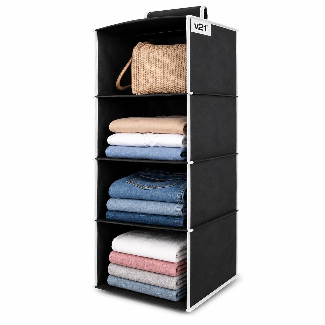 V21 4-Shelf Hanging Closet Organiser | Foldable Non-Woven Fabric Wardrobe Storage Shelves for Clothes & Accessories | Space Saving Hanging Wardrobe Organizer | Black | 31.5 x 12 x 10 Cm-image-33