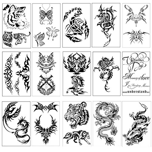WJood 15 Sheets Temporary Tattoos Stickers, Fake Body Arm Chest Shoulder Tattoos Body Stickers for Women Men