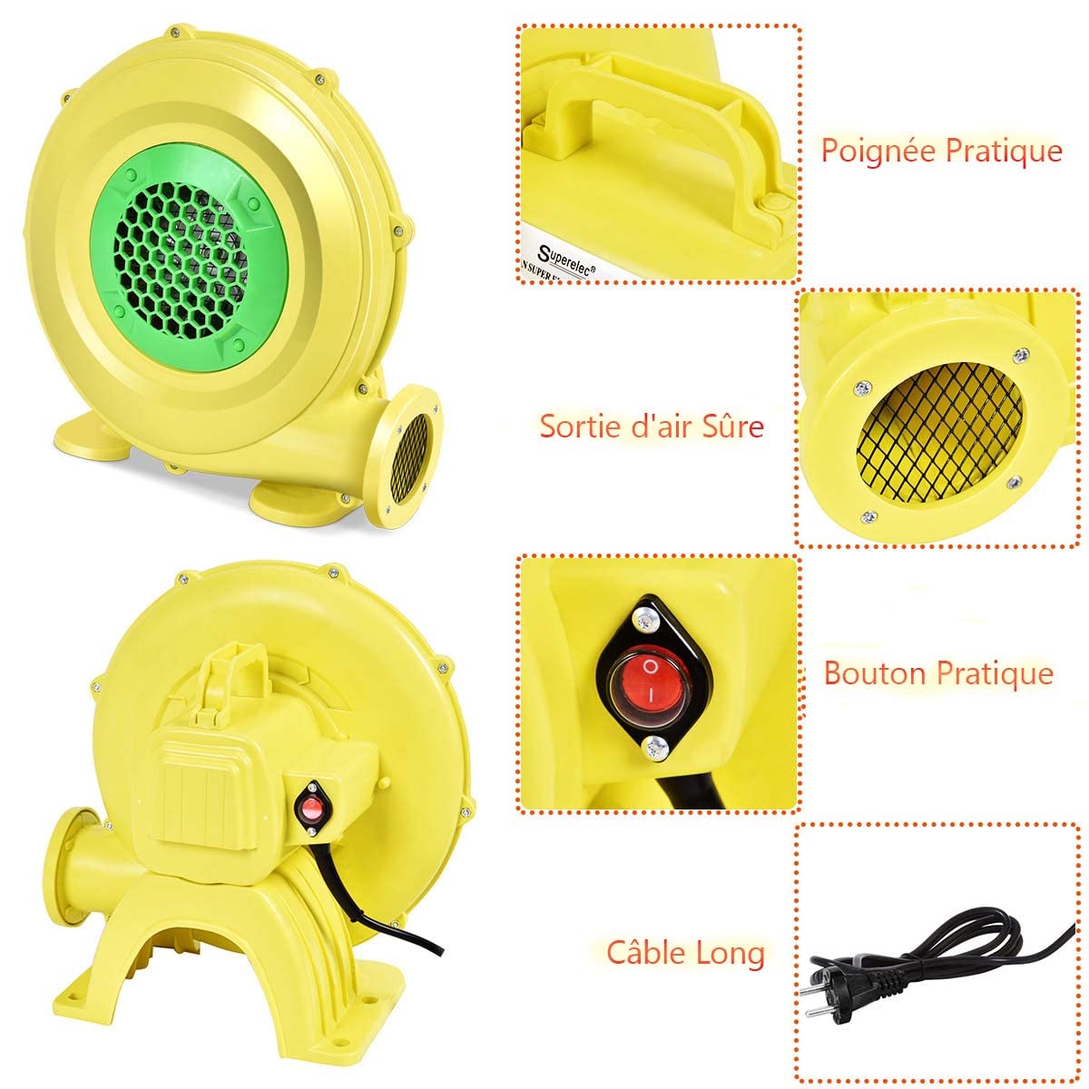 Costway Ventilateur Électrique Pour Château Gonflable Barbecue Piscine Pompe Gonflable Avec Moteur 680w 220 240v 50hz Jaune