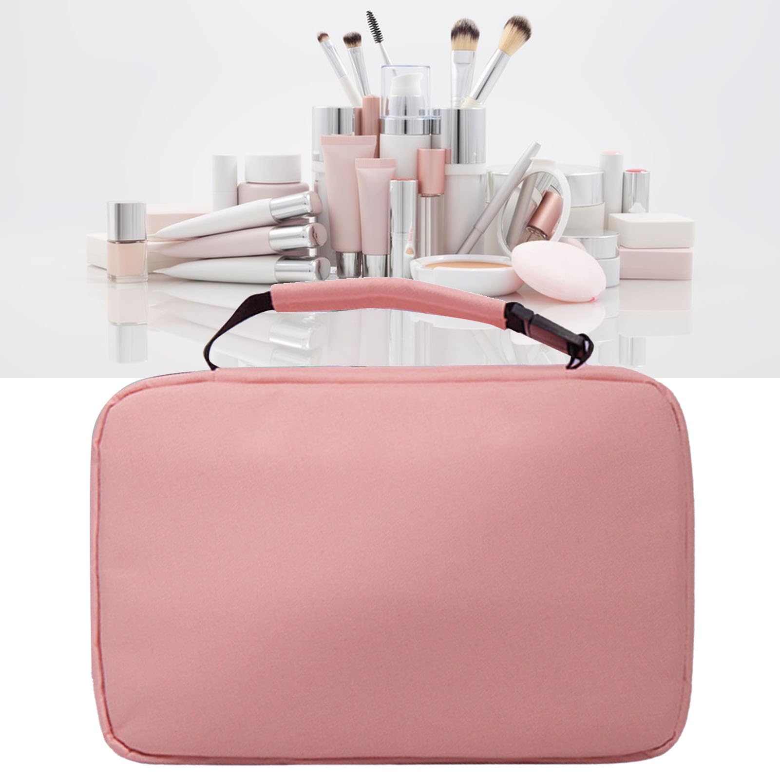 Ejoyous Beauty Case da Viaggio Borsa da Trucco in Tessuto Oxford da Appendere 24 X 16 X 9 Cm Organizzatore Pieghevole con Separazione Asciutto e Bagnato in 3 Sezioni per Donne Uomini Viaggi in (PINK)