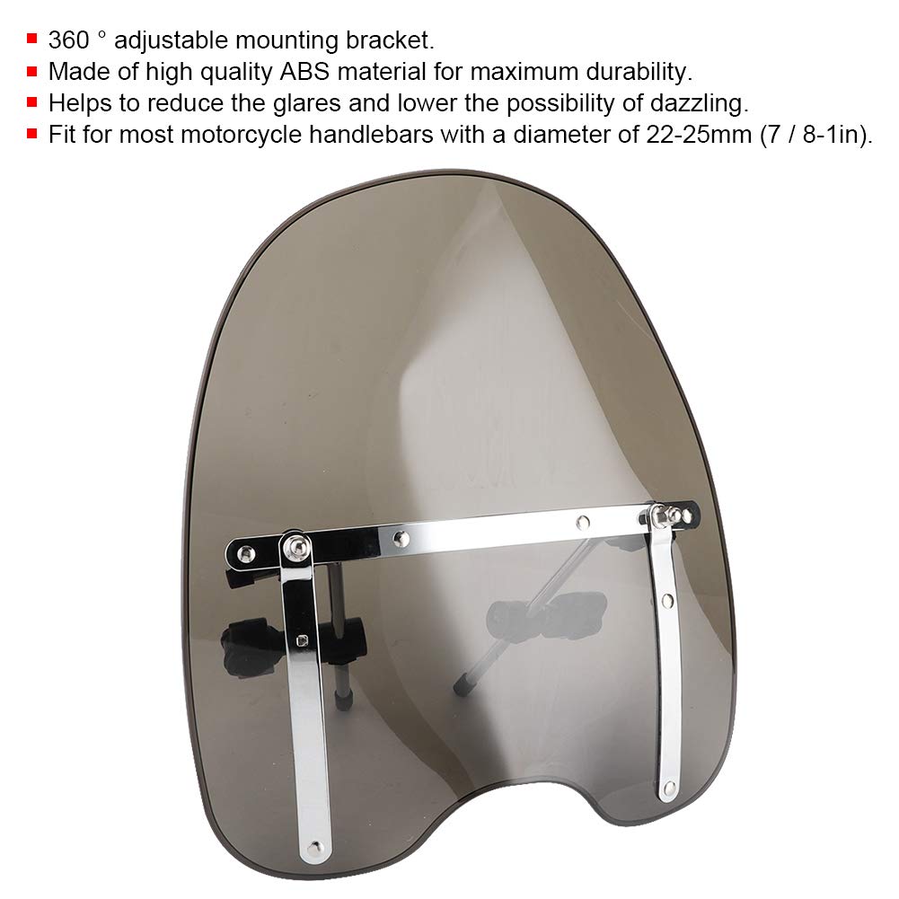 Parabrisas Universal para Moto Soporte Ajustable 360° Compatible con Manillares de 22‑25 mm Protección Antideslumbrante y Diseño Estilizado en Material ABS Duradero para Conducción Segura