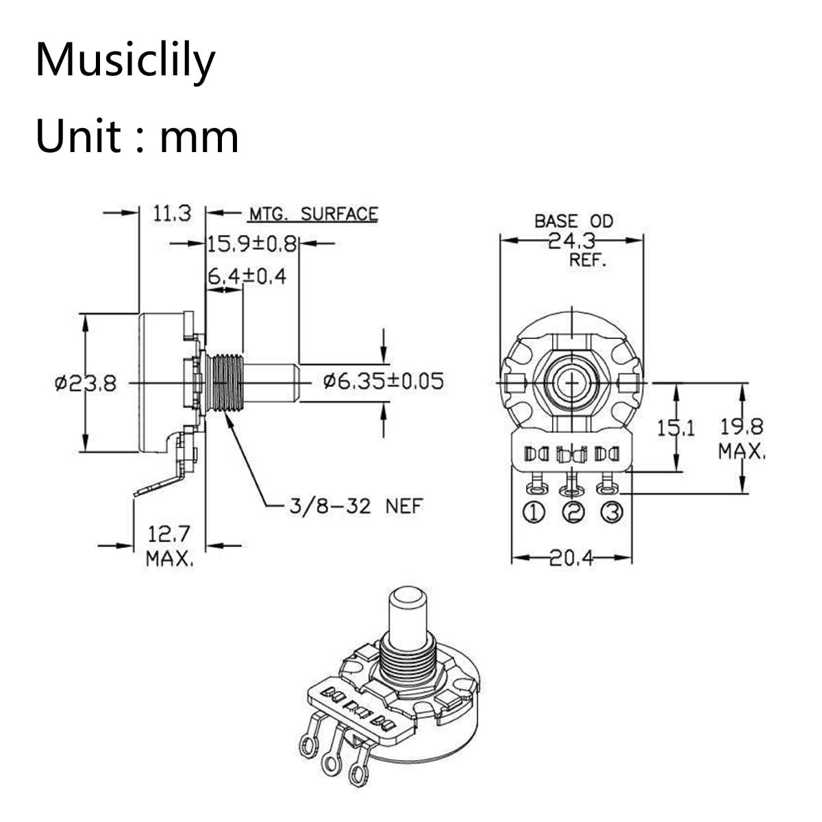 CTS 450G A250K Pots Brass Solid Short Shaft 1/4 Inch 10% Audio Taper Potentiometers for Electric Guitar Bass (Set of 2) - Image 2