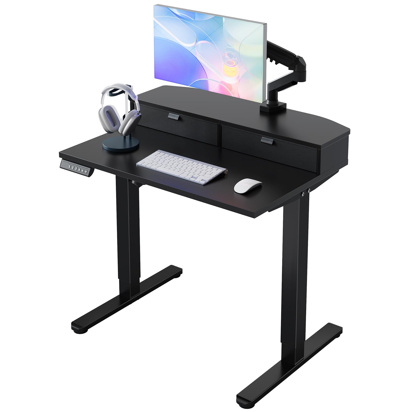 HUANUO 80 x 53 cm Small Electric Standing Desk with Drawers, C-Clamp Mount Compatible, Height Adjustable Sit Stand Desk, Home Office Stand Up Desk with 4 Memory Height Settings, Black