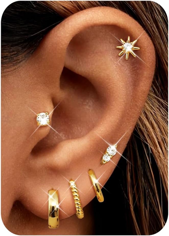 Florideco Small Hoop Earrings 14K Gold Plated Hypoallergenic Flat Back Earrings Surgical Stainless Steel Cartilage Earring Sets for Multiple Piercing Trendy Earring Stacks Flatback Stud Earrings