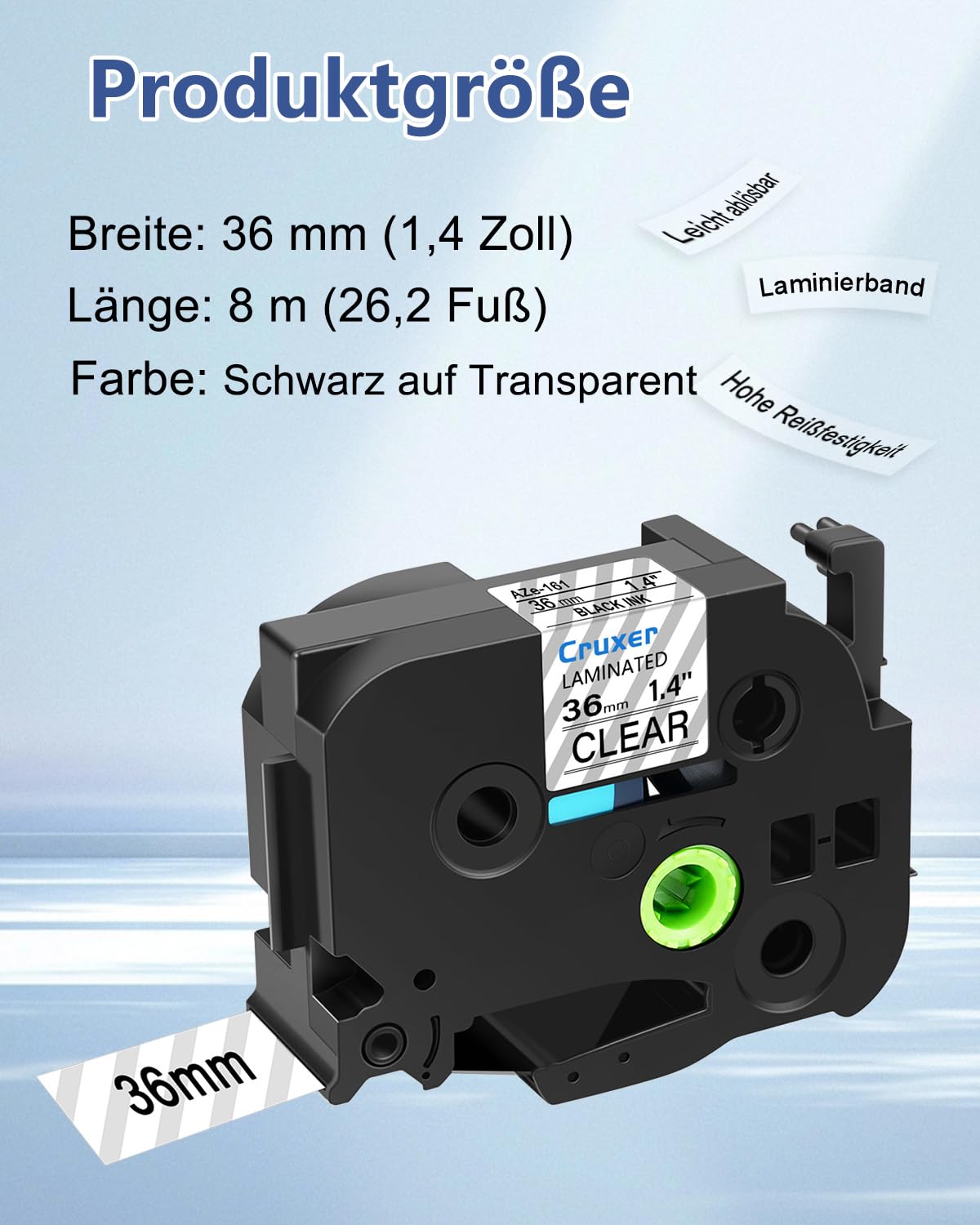 Cruxer 10er-Pack Kompatibel mit Ptouch TZe161 36 mm Schwarz auf Transparent | TZe-161 Laminiertes Etikettenband Ersatz für P-touch PT-530 550 3600 9200pc 9200DX 9400 9500PC 9600 9700PC Etikettendrucker