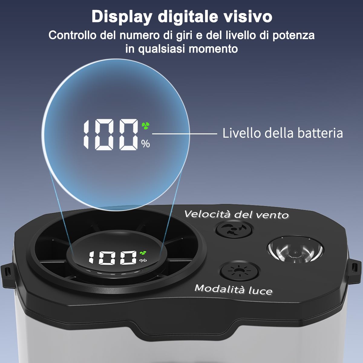 WAFTING Ventilatore a vita portatile – batteria ad alta capacità da 10000 mAh, 10 impostazioni di velocità regolabili, luci LED, ricarica di tipo C (Grigio)