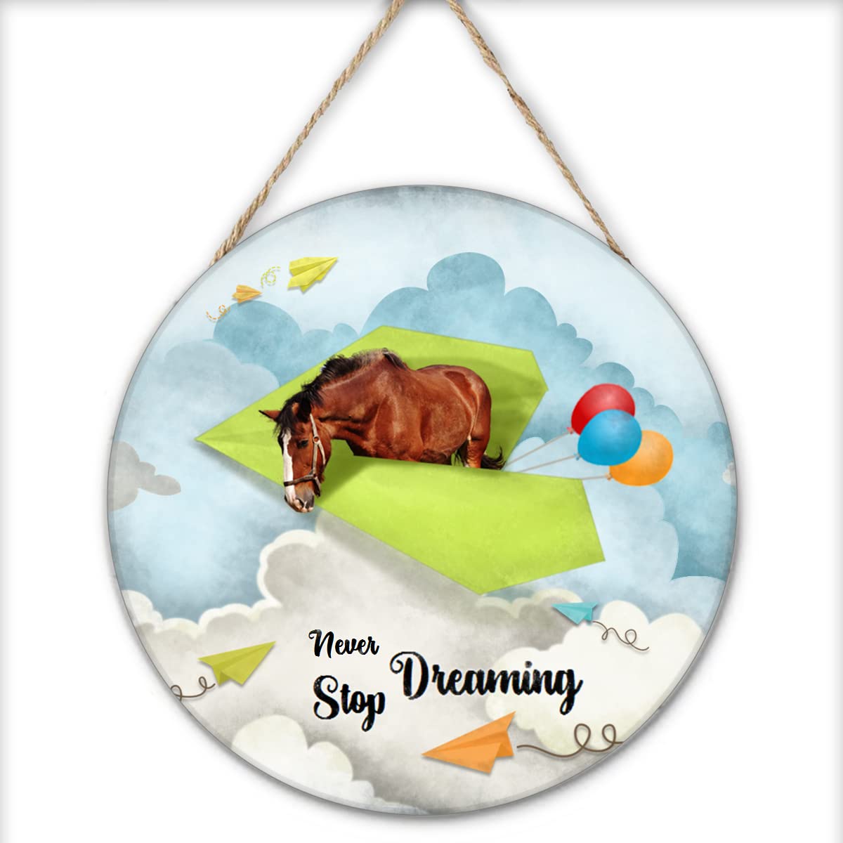 Finamille Inspirational Wall Art -Never Stop Dreaming,Horse Shabby Chic Round Sign for Kid's Bedroom Classroom Nursery 12x12 Inches Wooden Door Hanger