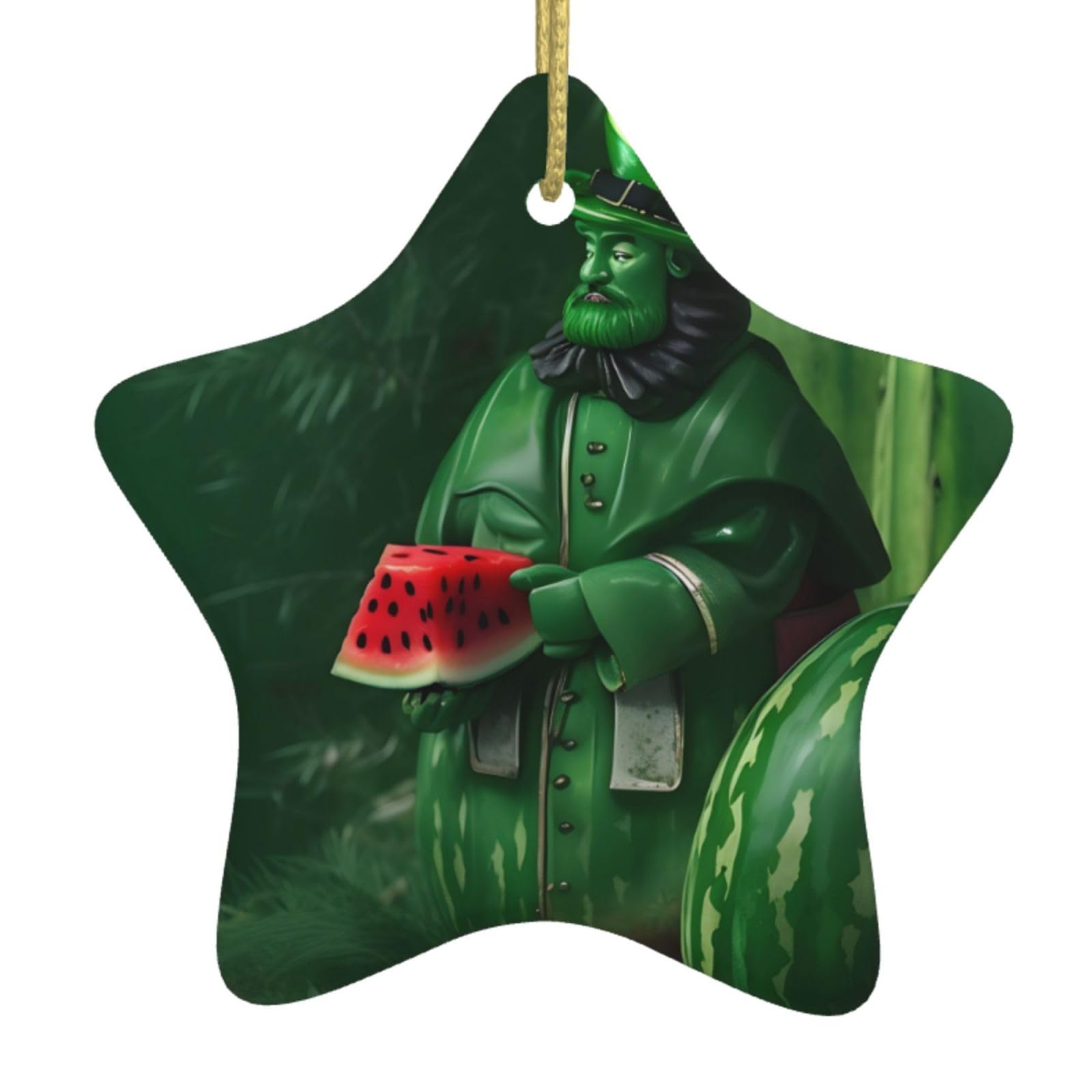 Patrick's Watermelon Festival Christmas Ceramic Star Pendant with Punched Holes and Gold Wire Rope, Christmas Tree Home Decoration